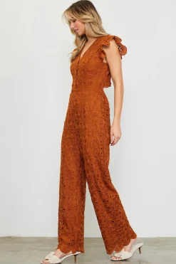 SKIES ARE BLUE Jumpsuits*Crochet Ruffled Sleeve Jumpsuit Tuscantan
