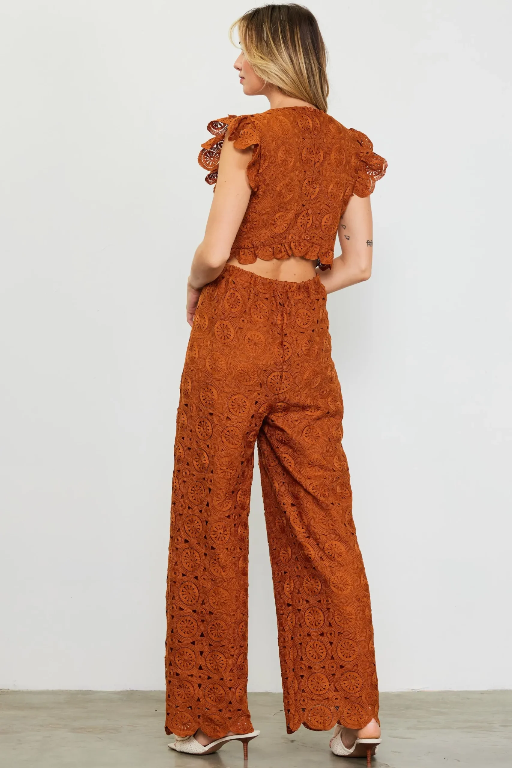 SKIES ARE BLUE Jumpsuits*Crochet Ruffled Sleeve Jumpsuit Tuscantan