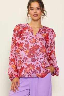 SKIES ARE BLUE Blouses|Long Sleeve Tops*Dahlia Print Longsleeve Blouse Lavender-plum