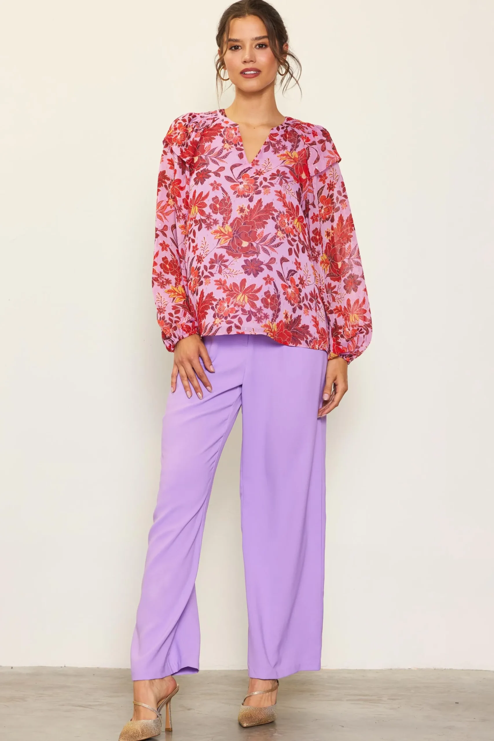 SKIES ARE BLUE Blouses|Long Sleeve Tops*Dahlia Print Longsleeve Blouse Lavender-plum