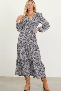 SKIES ARE BLUE Maxi Dresses*Dainty Floral Print Ruffle Trim Maxi Dress Black-ivory