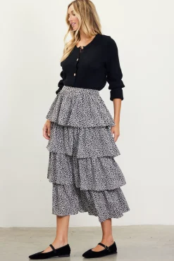SKIES ARE BLUE Skirts*Dainty Floral Print Ruffle Midi Skirt Black-ivory