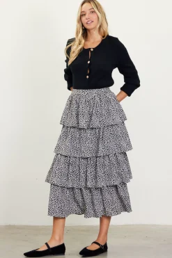 SKIES ARE BLUE Skirts*Dainty Floral Print Ruffle Midi Skirt Black-ivory