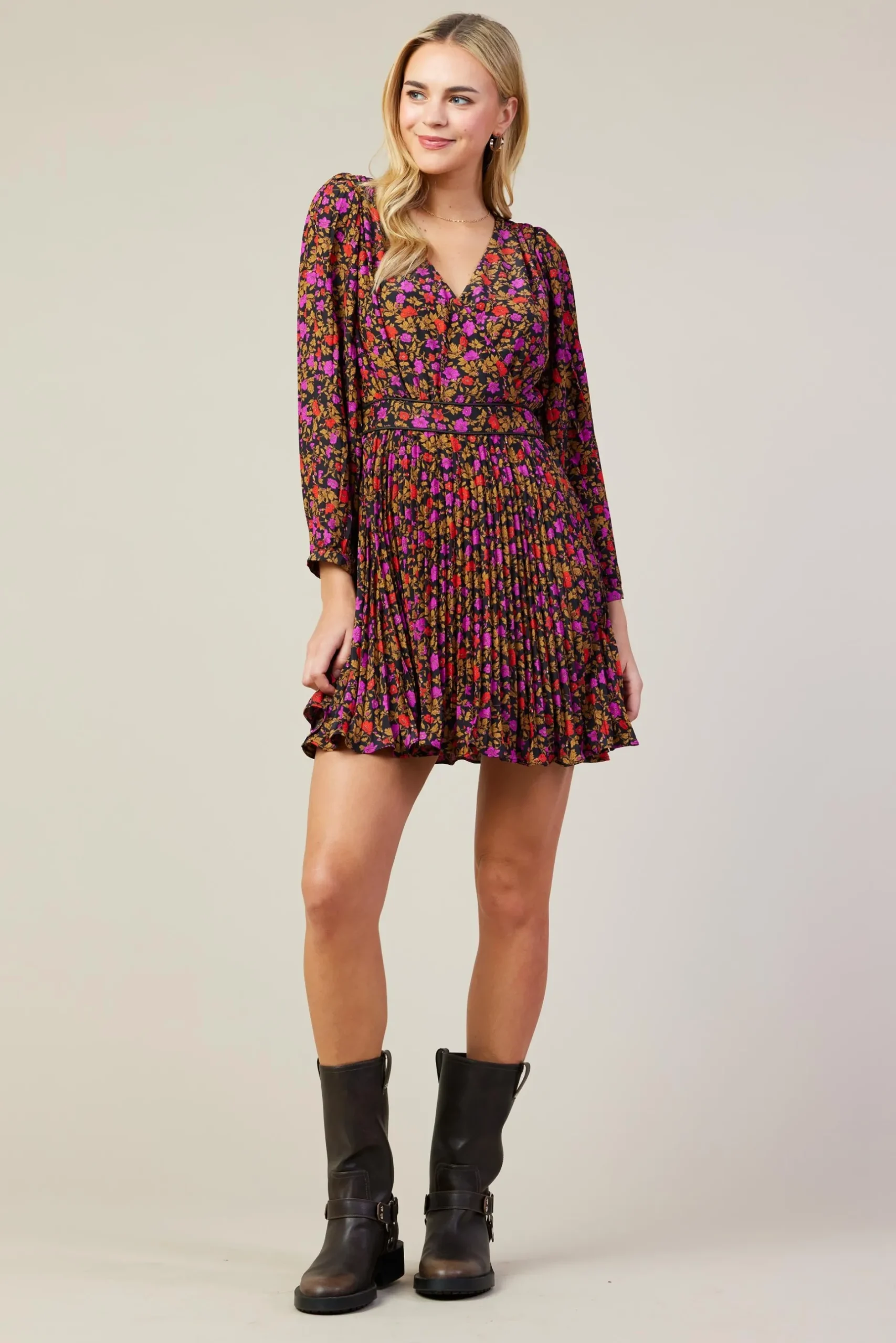 SKIES ARE BLUE Mini Dresses*Daray Floral Print Mini Dress Black-magenta