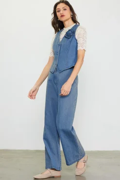SKIES ARE BLUE Sleeveless Tops*Denim Vest With Detachable Rosette Bluedenim