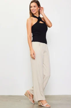 SKIES ARE BLUE Sleeveless Tops*Detachable Rosette Knit Halter Top Black