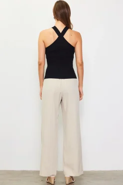 SKIES ARE BLUE Sleeveless Tops*Detachable Rosette Knit Halter Top Black