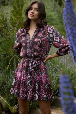 SKIES ARE BLUE Mini Dresses*Edain Border Print Mini Dress Chocolate-pink