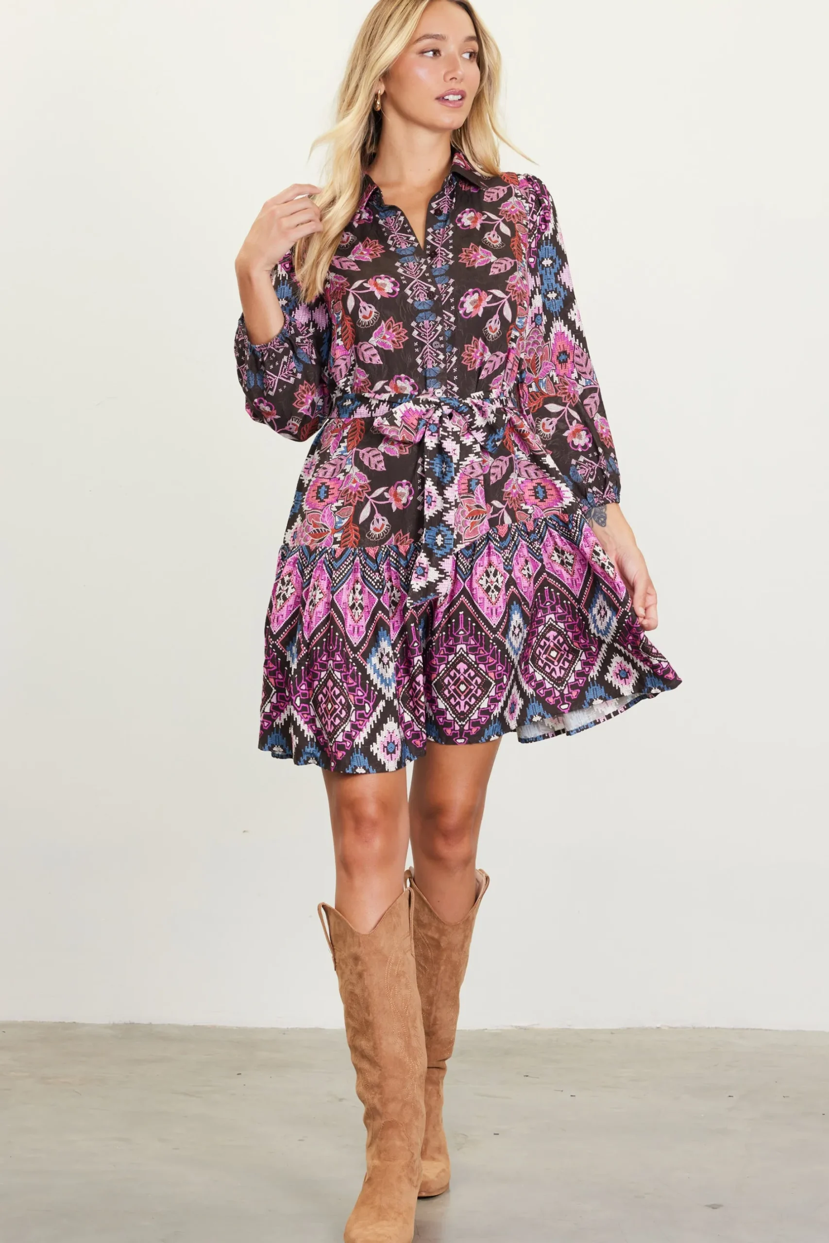 SKIES ARE BLUE Mini Dresses*Edain Border Print Mini Dress Chocolate-pink