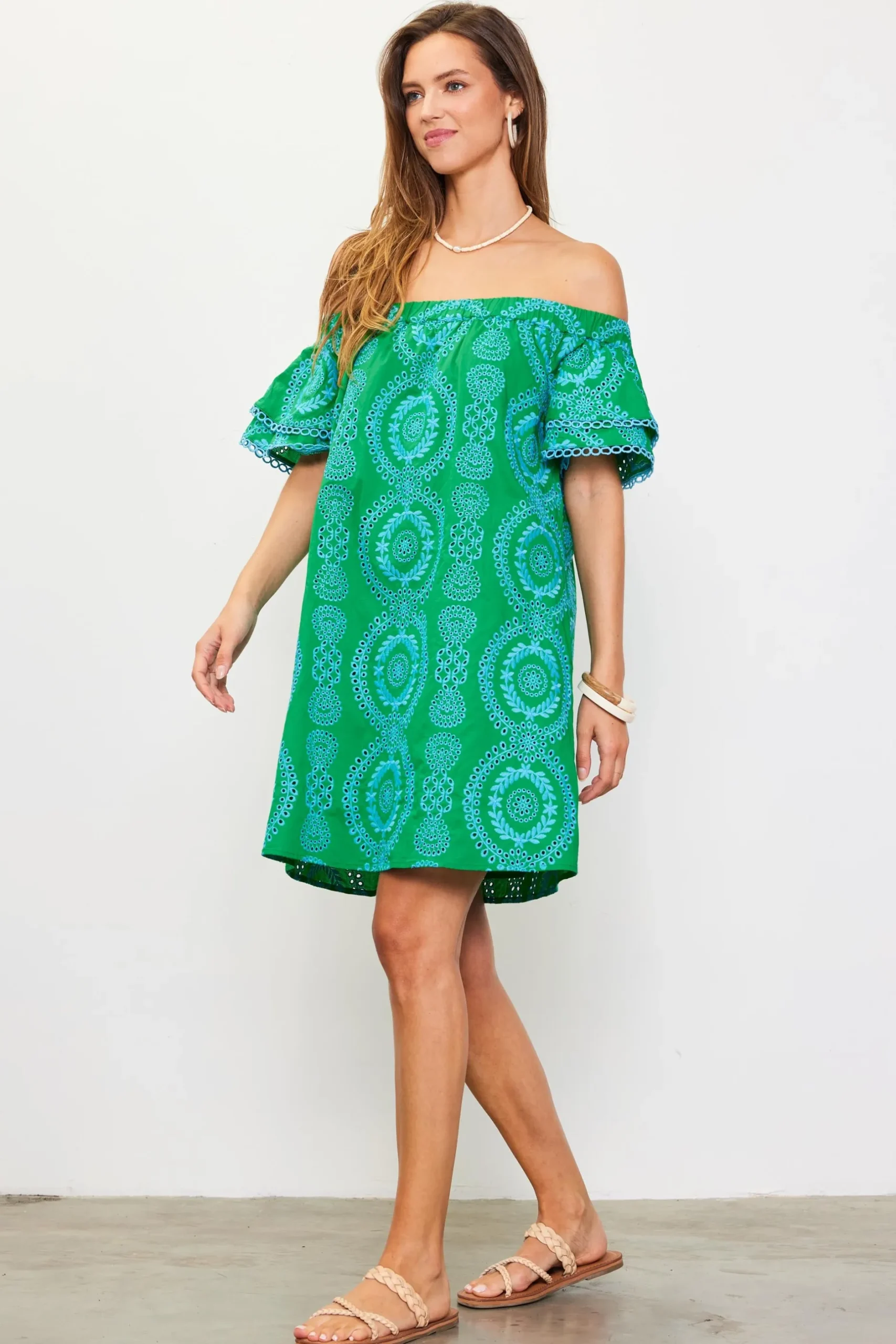 SKIES ARE BLUE Mini Dresses*Embroidered Eyelet Off Shoulder Dress Green-blue
