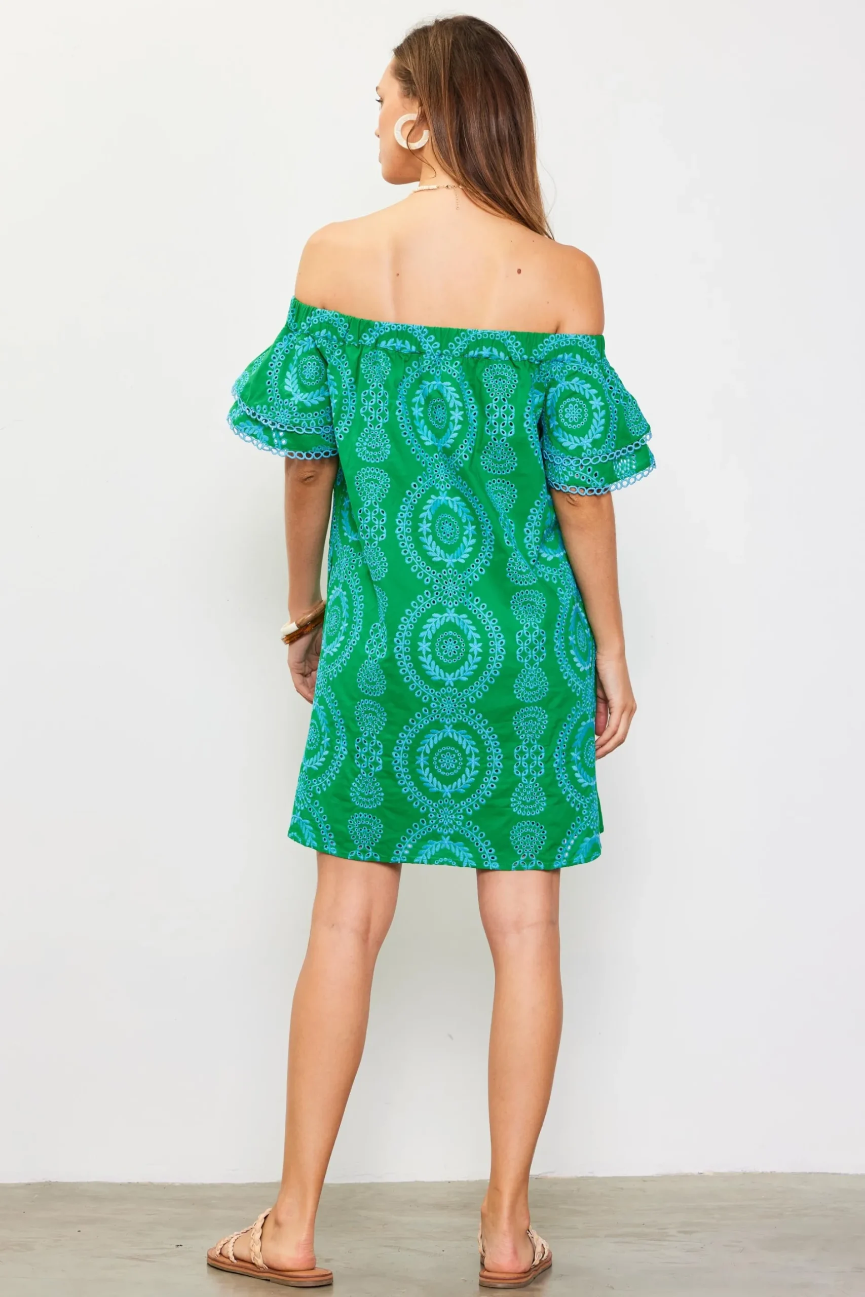 SKIES ARE BLUE Mini Dresses*Embroidered Eyelet Off Shoulder Dress Green-blue