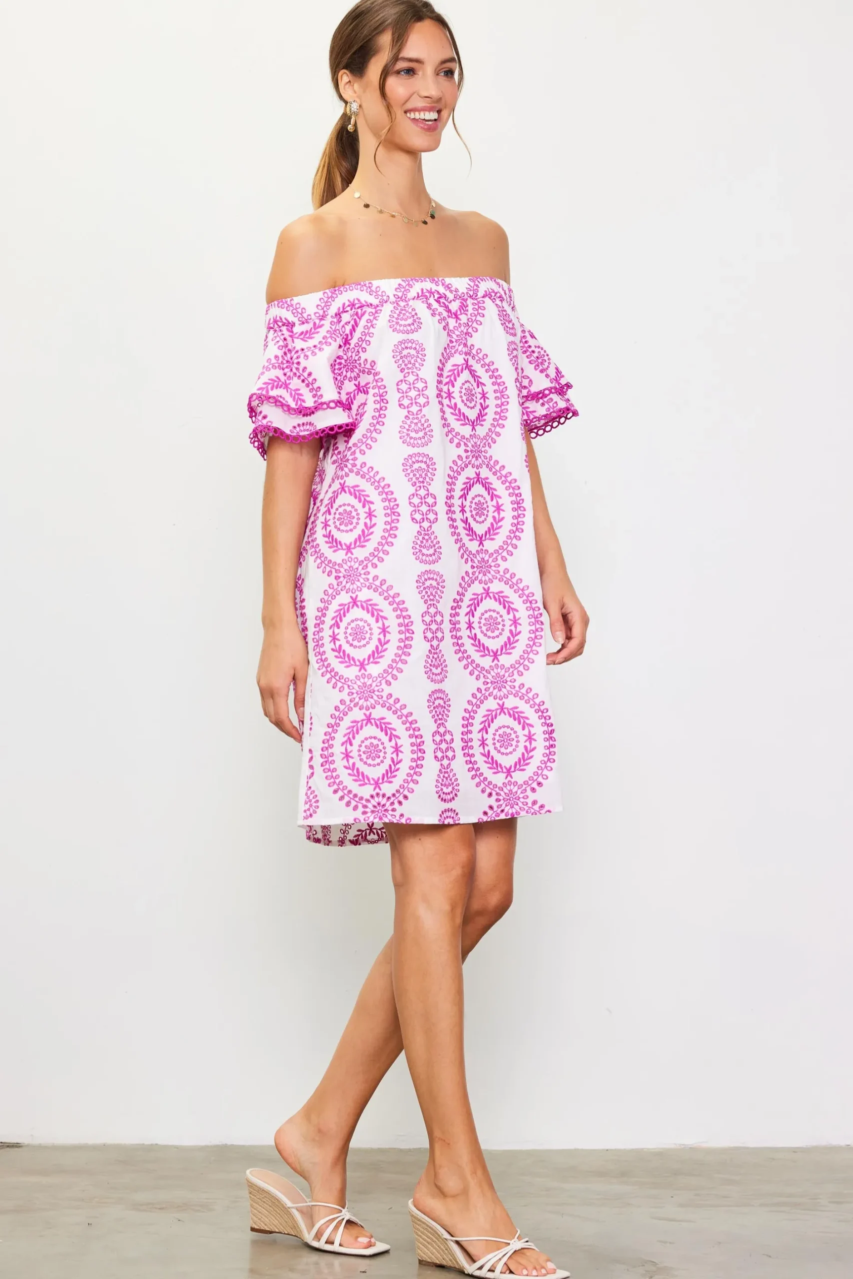 SKIES ARE BLUE Mini Dresses*Embroidered Eyelet Off Shoulder Dress White-roseviolet