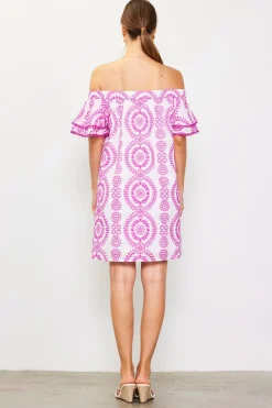 SKIES ARE BLUE Mini Dresses*Embroidered Eyelet Off Shoulder Dress White-roseviolet