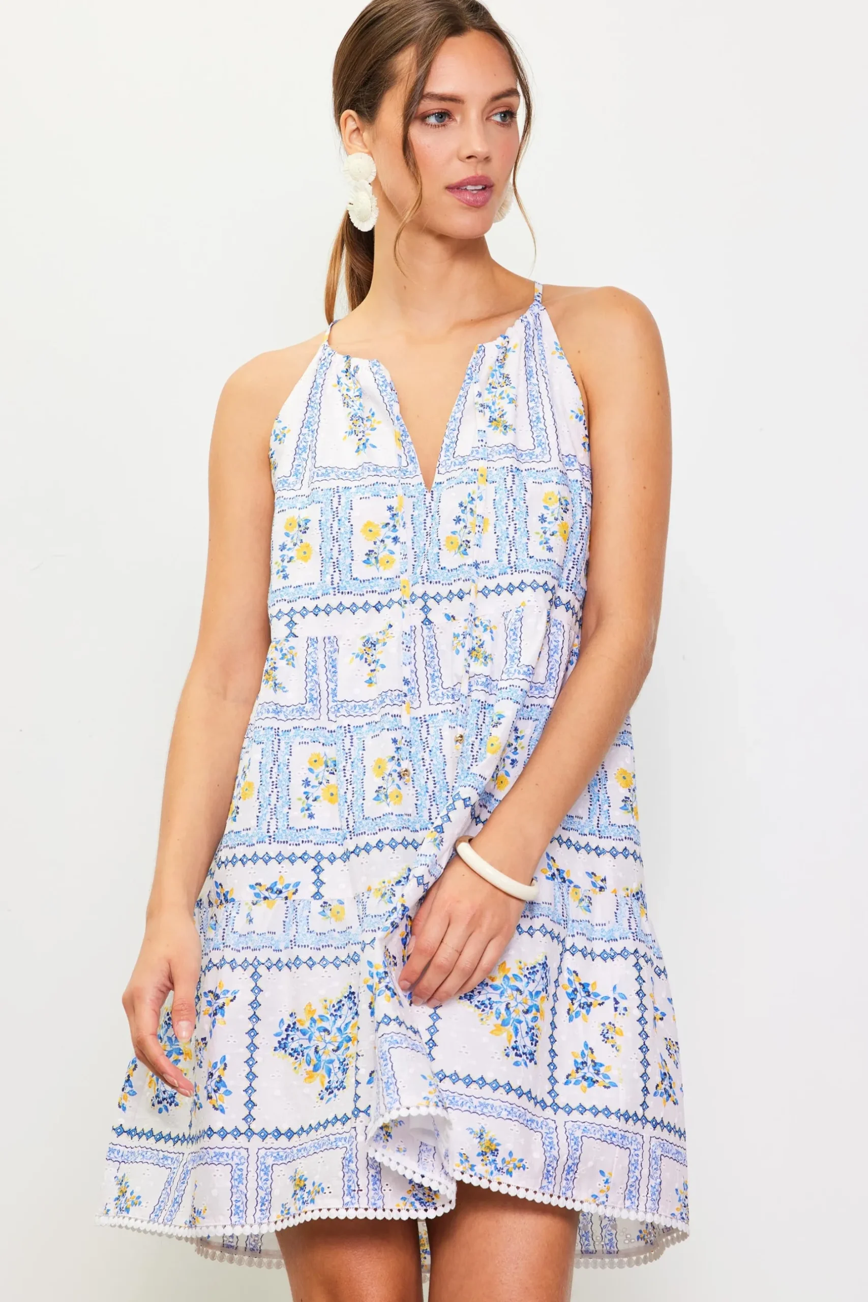 SKIES ARE BLUE Mini Dresses*Eyelet Embroidered Print Mini Dress White-blue