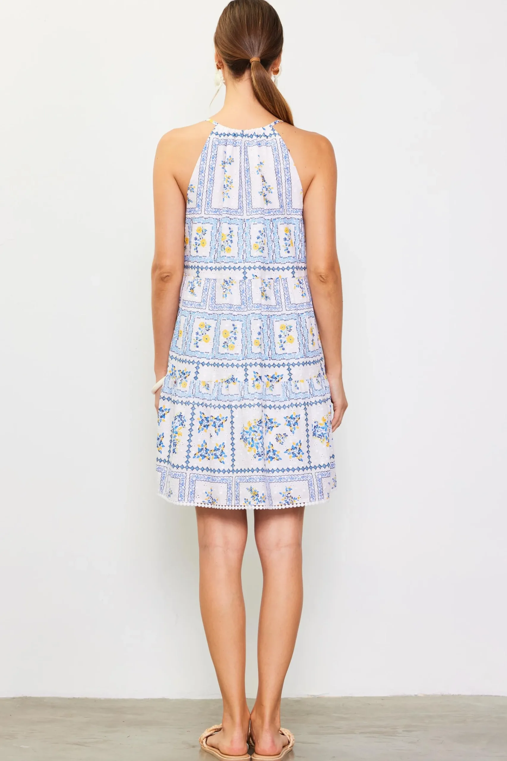 SKIES ARE BLUE Mini Dresses*Eyelet Embroidered Print Mini Dress White-blue