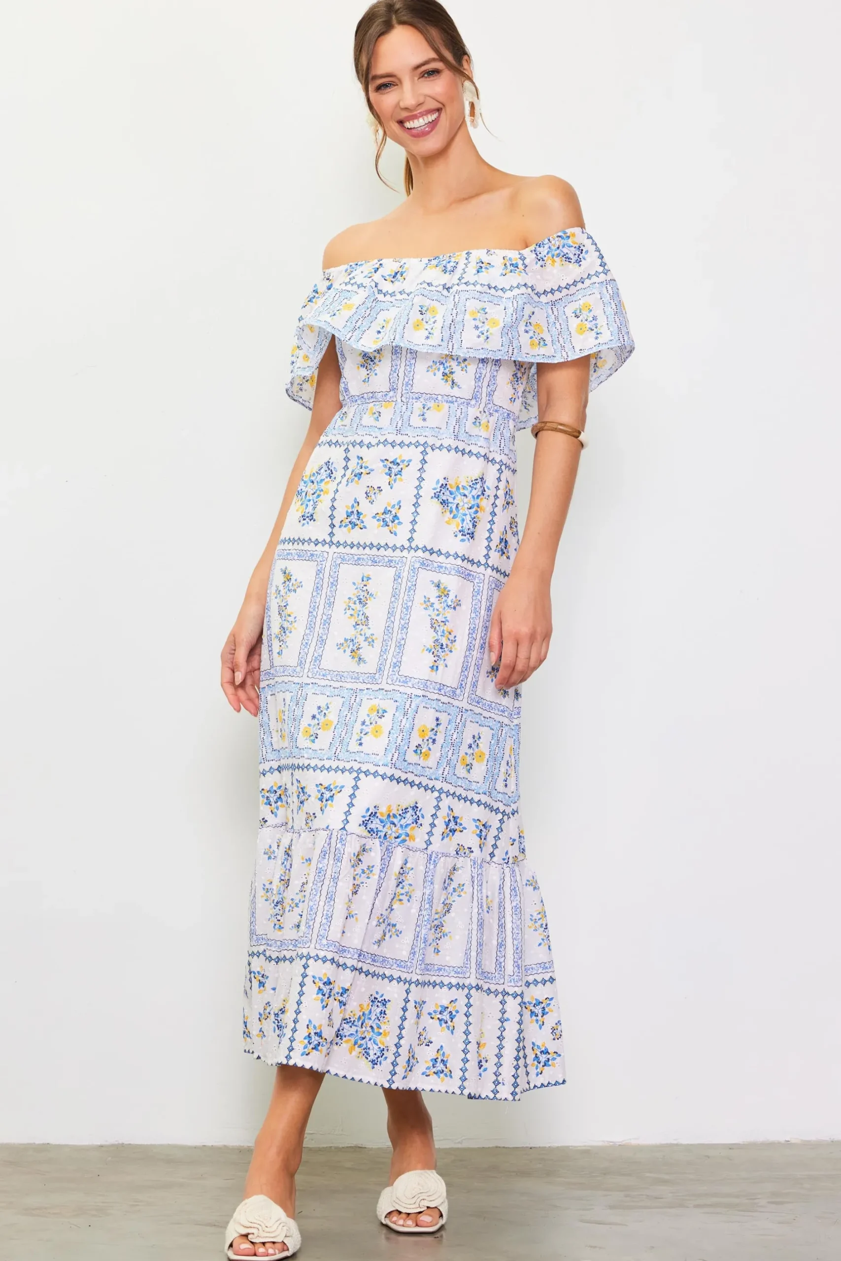 SKIES ARE BLUE Maxi Dresses*Eyelet Embroidered Print Maxi Dress White-blue
