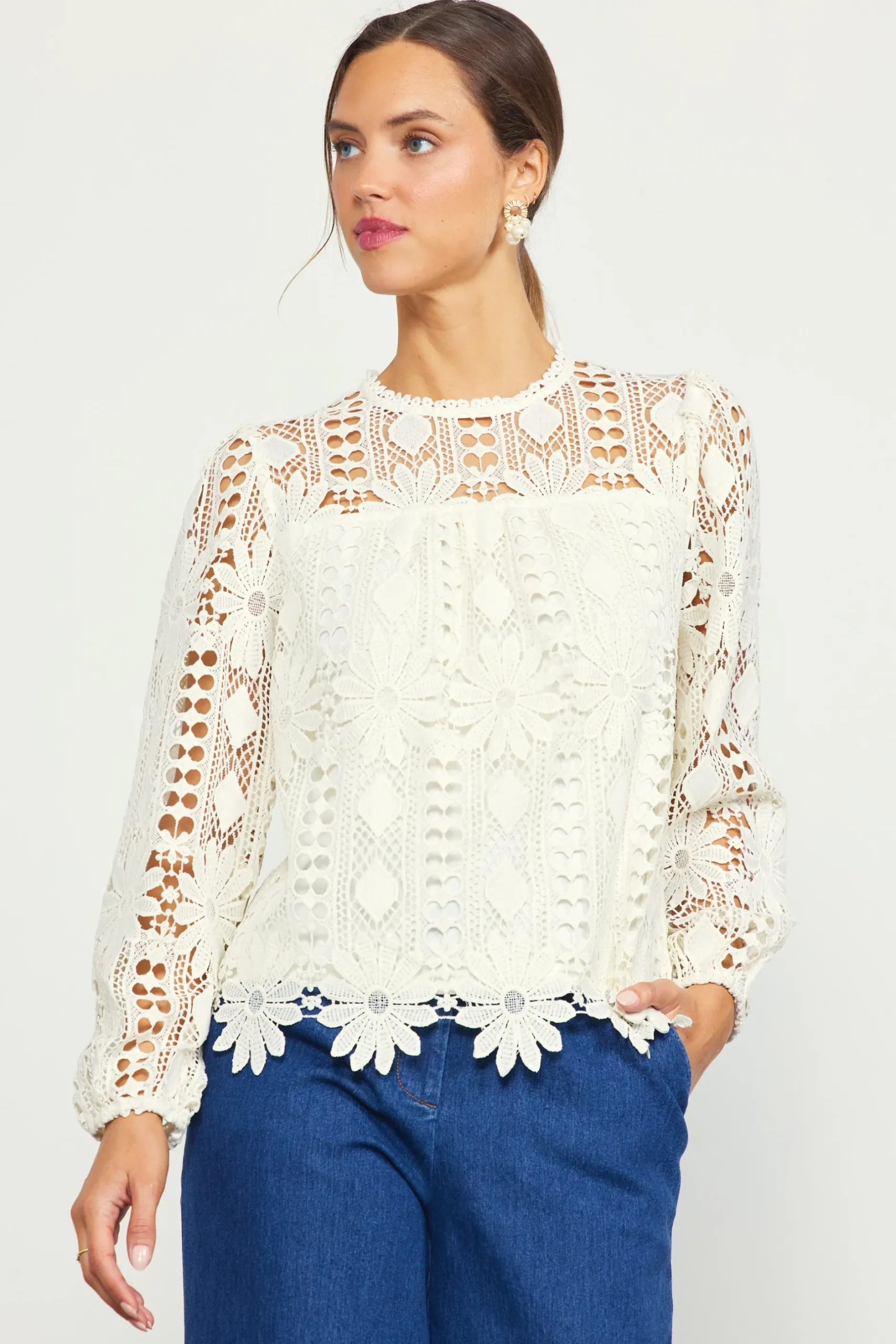 SKIES ARE BLUE Blouses|Long Sleeve Tops*Eyelet Lace Longsleeve Blouse Cream