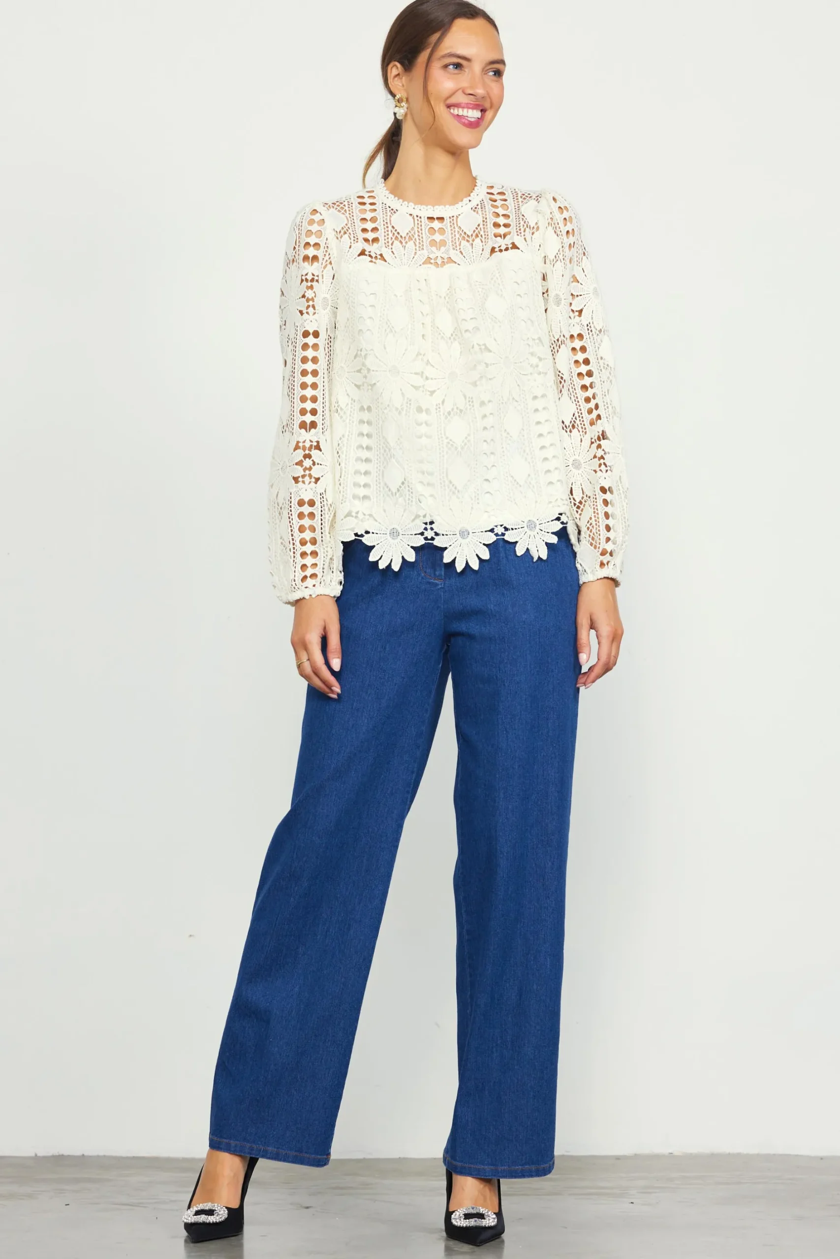 SKIES ARE BLUE Blouses|Long Sleeve Tops*Eyelet Lace Longsleeve Blouse Cream
