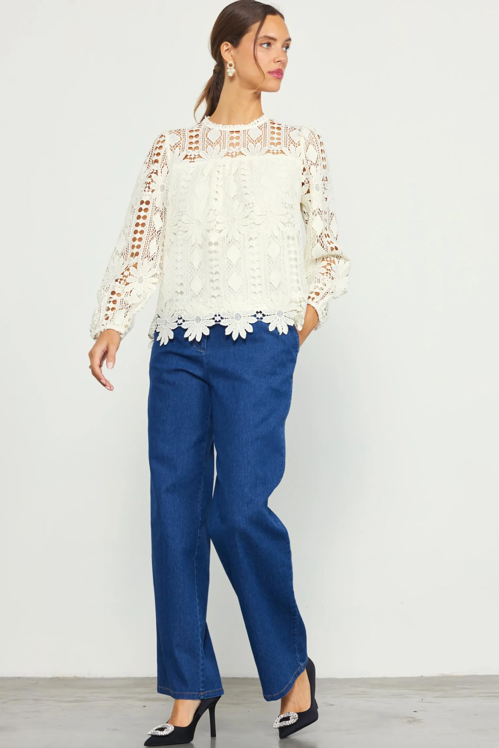 SKIES ARE BLUE Blouses|Long Sleeve Tops*Eyelet Lace Longsleeve Blouse Cream