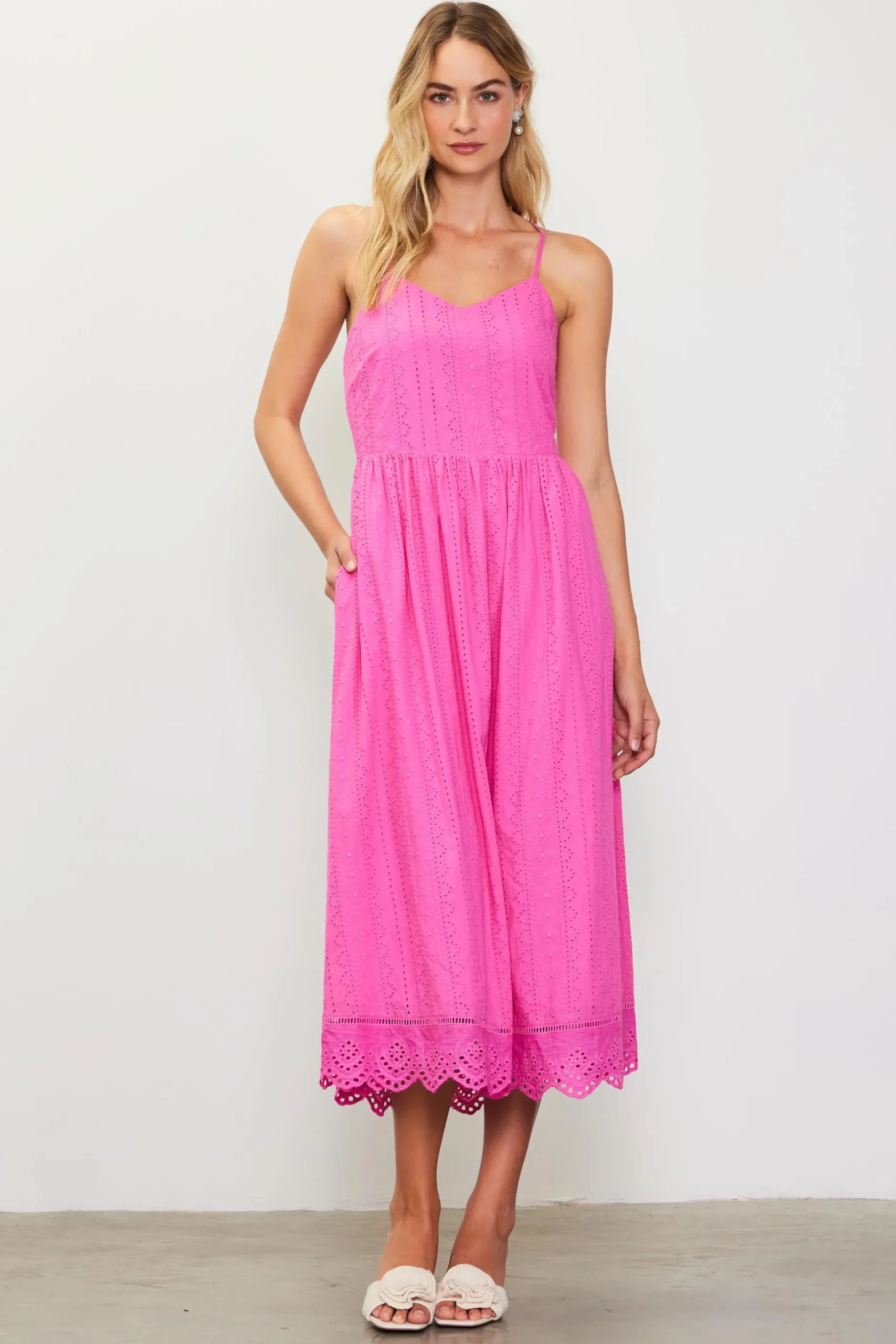 SKIES ARE BLUE Midi Dresses*Eyelet Lace Midi Dress Pinkbubblegum