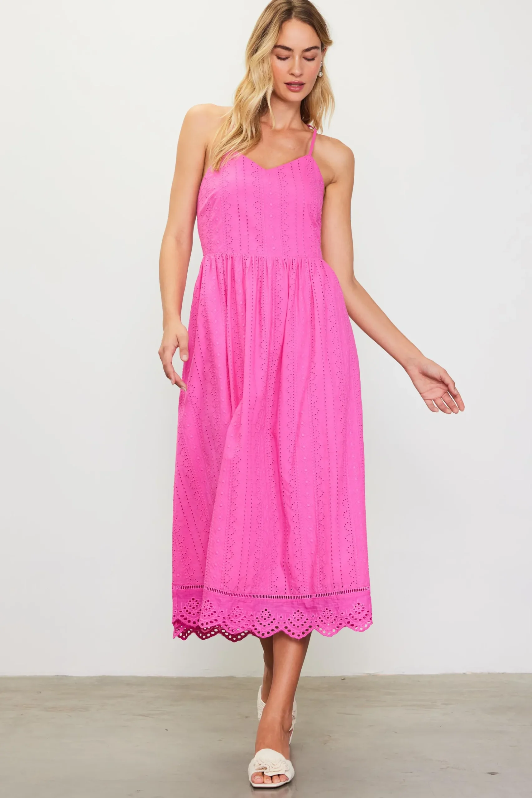 SKIES ARE BLUE Midi Dresses*Eyelet Lace Midi Dress Pinkbubblegum