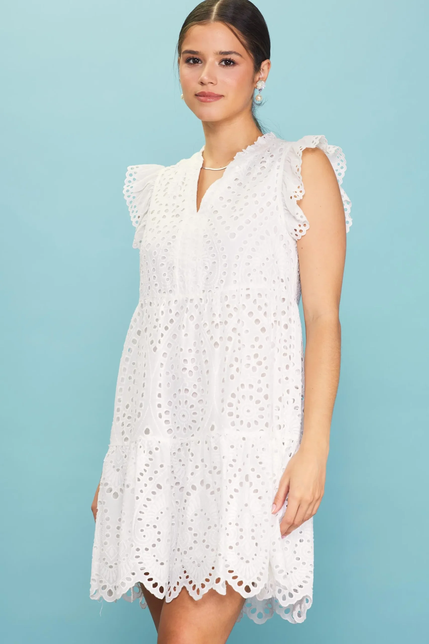 SKIES ARE BLUE Mini Dresses*Eyelet Mini Dress White