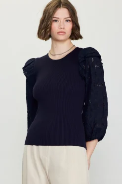 SKIES ARE BLUE Long Sleeve Tops*Eyelet Ruffle Sleeve Knit Top Navy