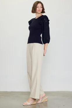 SKIES ARE BLUE Long Sleeve Tops*Eyelet Ruffle Sleeve Knit Top Navy