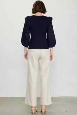 SKIES ARE BLUE Long Sleeve Tops*Eyelet Ruffle Sleeve Knit Top Navy