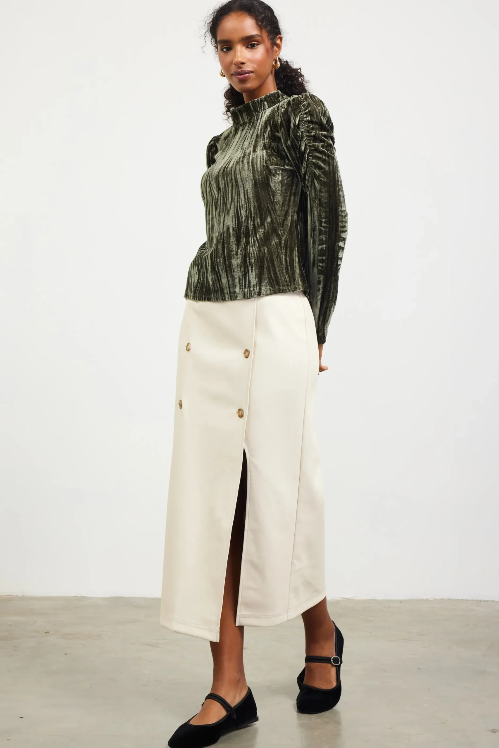 SKIES ARE BLUE Skirts*Faux Leather Belted Midi Skirt Cream