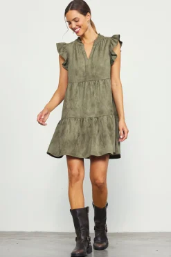 SKIES ARE BLUE Mini Dresses*Faux Suede Tiered Mini Dress Olive