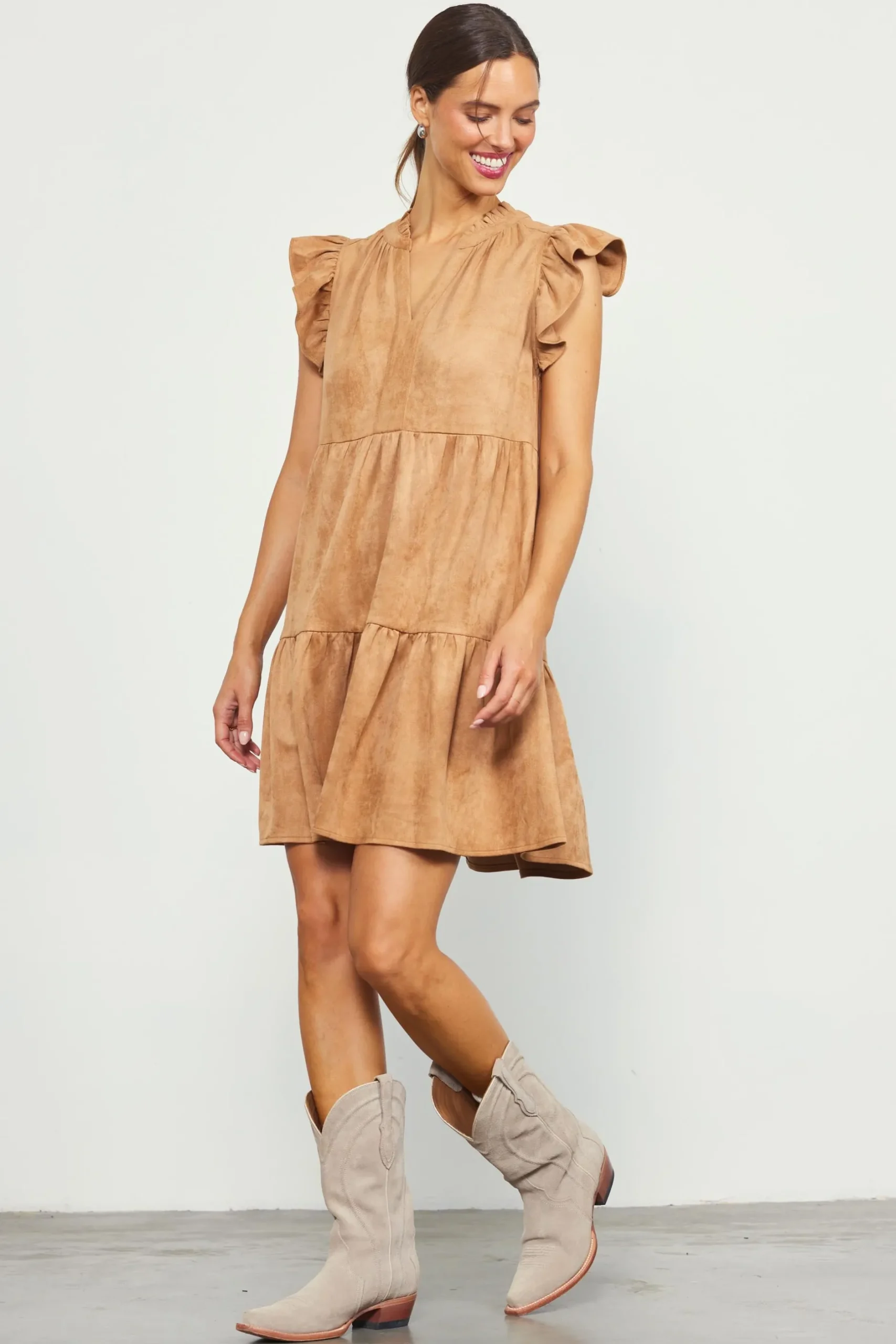 SKIES ARE BLUE Mini Dresses*Faux Suede Tiered Mini Dress Camel