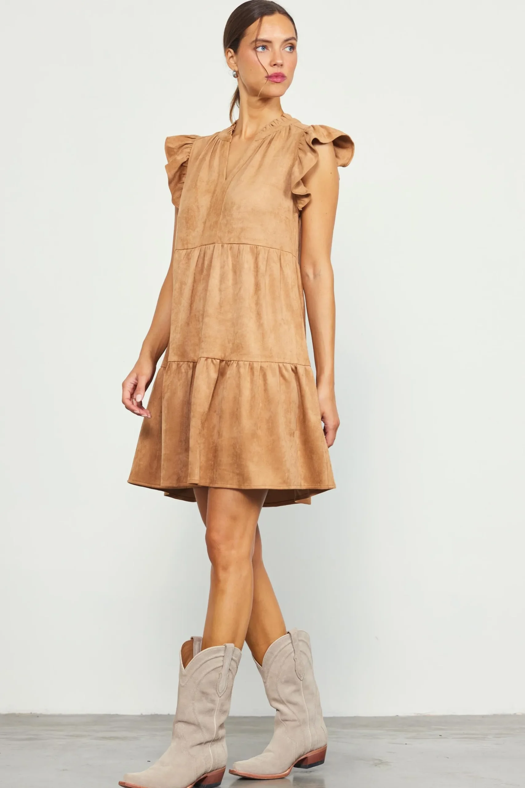 SKIES ARE BLUE Mini Dresses*Faux Suede Tiered Mini Dress Camel