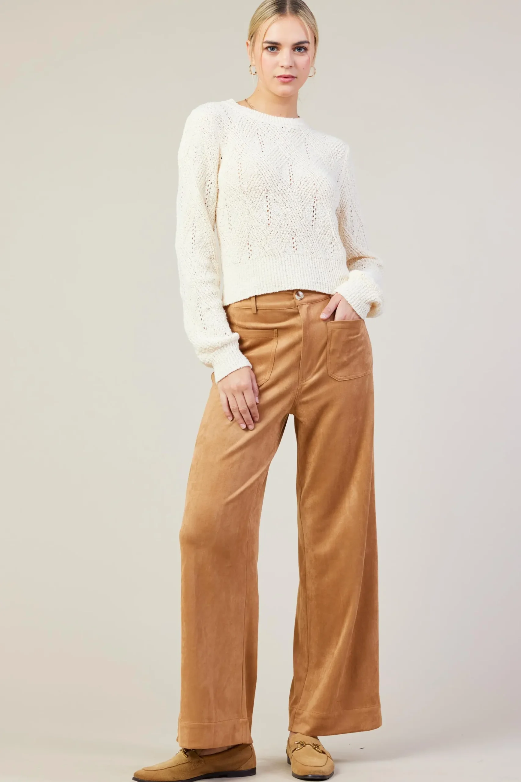 SKIES ARE BLUE Pants*Faux Suede Wide Leg Pant Camel