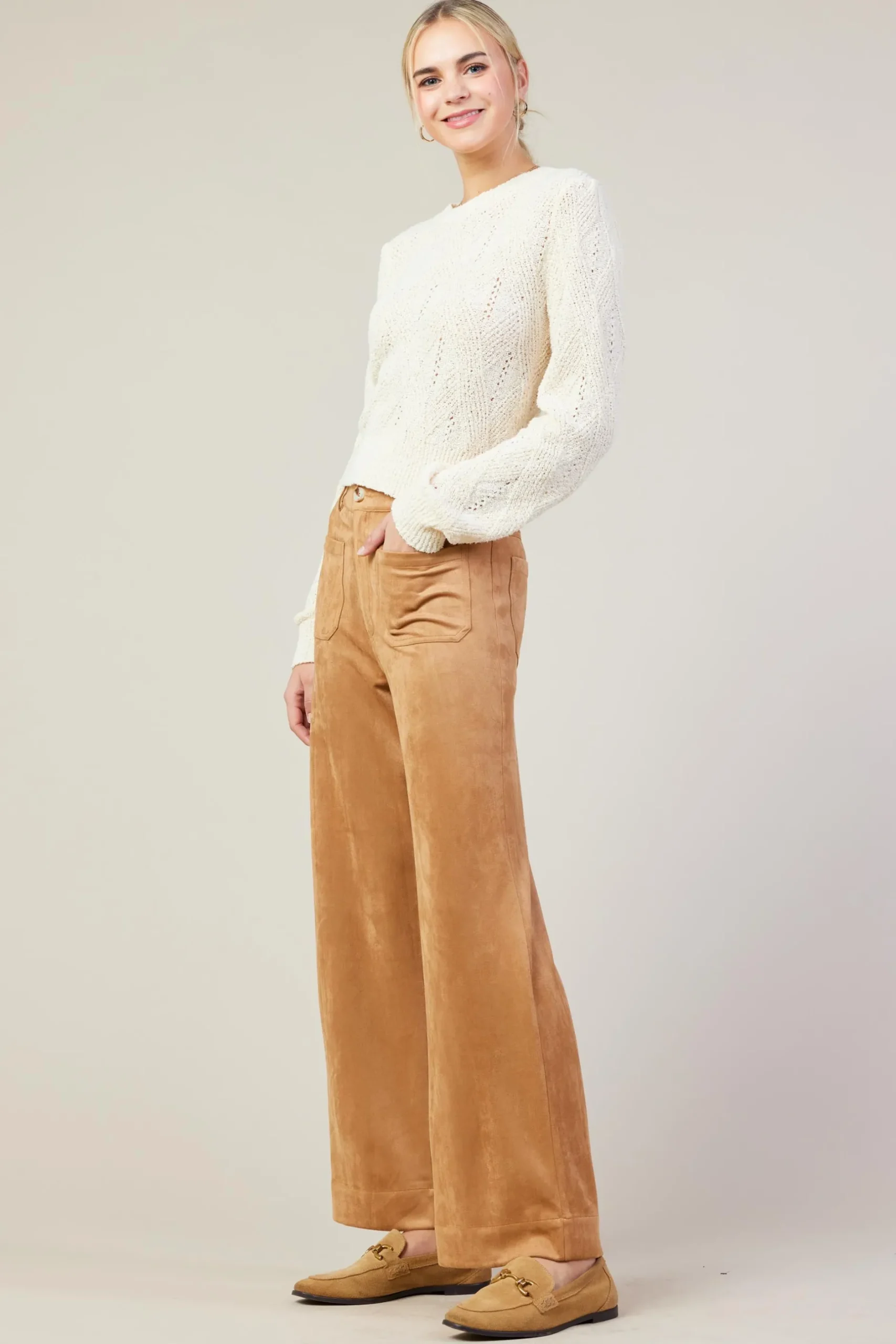 SKIES ARE BLUE Pants*Faux Suede Wide Leg Pant Camel