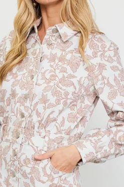 SKIES ARE BLUE Mini Dresses*Floral Denim Button Down Dress Ivory-tan
