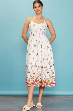 SKIES ARE BLUE Midi Dresses*Floral Motif Print Midi Dress Ivory-red
