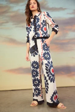 SKIES ARE BLUE Pants*Floral Print Elastic Waistband Pants Ivory-navy