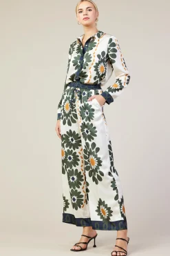 SKIES ARE BLUE Pants*Floral Print Elastic Waistband Pants Cream-olive
