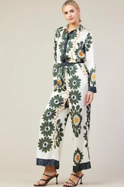 SKIES ARE BLUE Pants*Floral Print Elastic Waistband Pants Cream-olive
