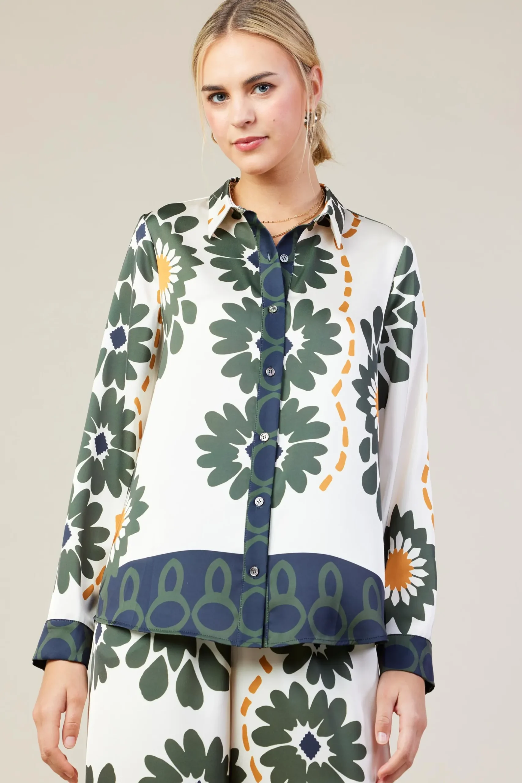 SKIES ARE BLUE Blouses|Long Sleeve Tops*Floral Print Longsleeve Blouse Cream-olive