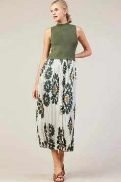 SKIES ARE BLUE Midi Dresses*Floral Print Mixed Media Dress Cream-olive