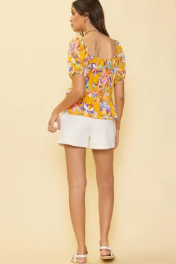 SKIES ARE BLUE Short Sleeve Tops*Floral Print Peplum Top Persimmon