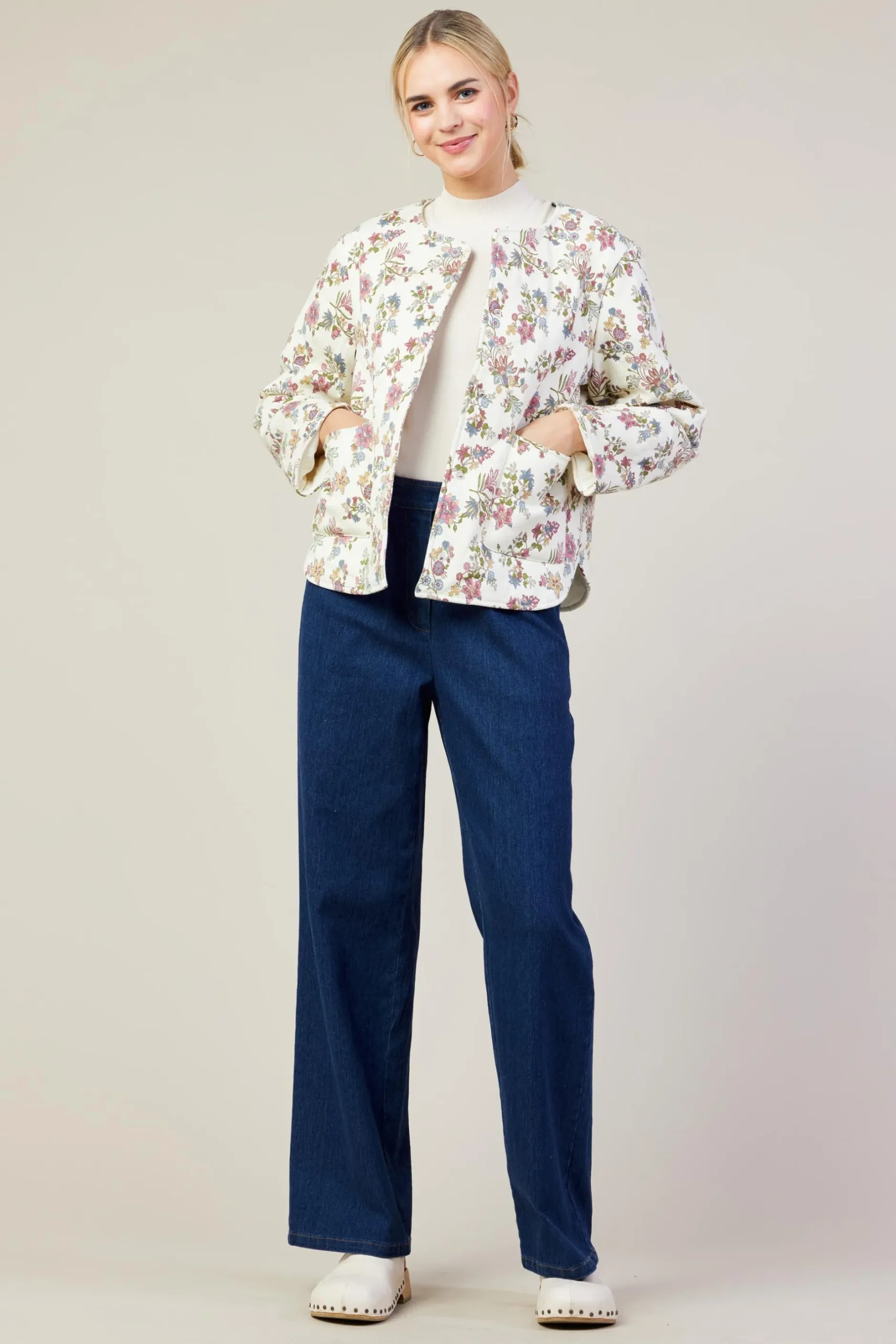 SKIES ARE BLUE Outerwear*Floral Print Quilted Jacket Ivory-multi