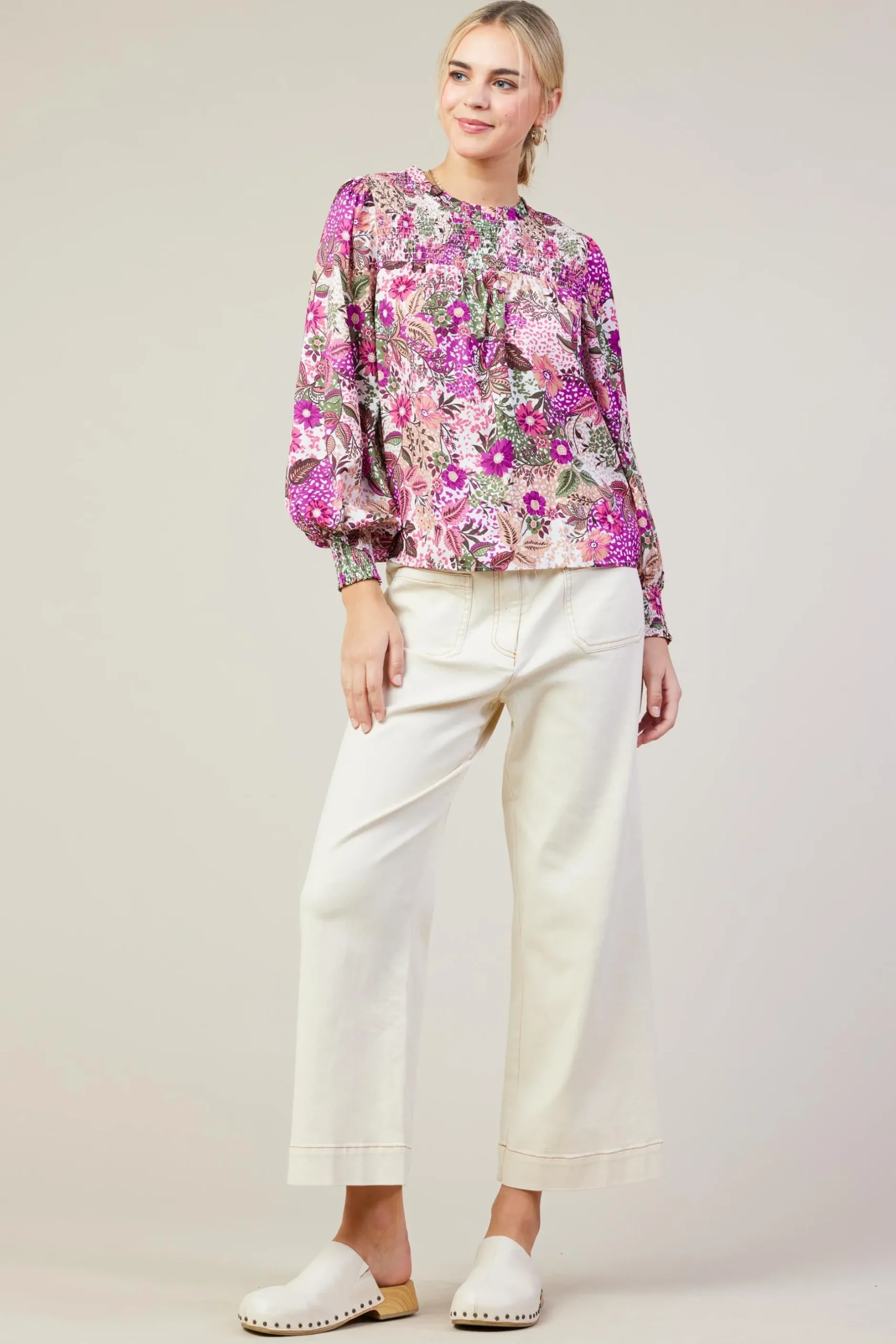 SKIES ARE BLUE Blouses|Long Sleeve Tops*Floral Print Smocked Neckline Blouse Orchidmulti