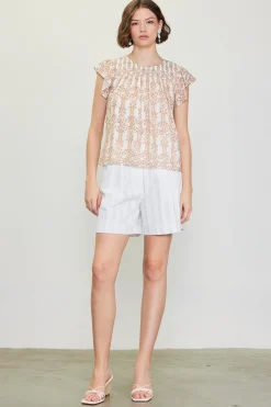 SKIES ARE BLUE Short Sleeve Tops*Floral Print Smocked Yoke Top Taupe