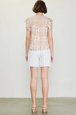 SKIES ARE BLUE Short Sleeve Tops*Floral Print Smocked Yoke Top Taupe