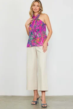 SKIES ARE BLUE Sleeveless Tops*Floral Print Twisted Halter Top Magentamulti