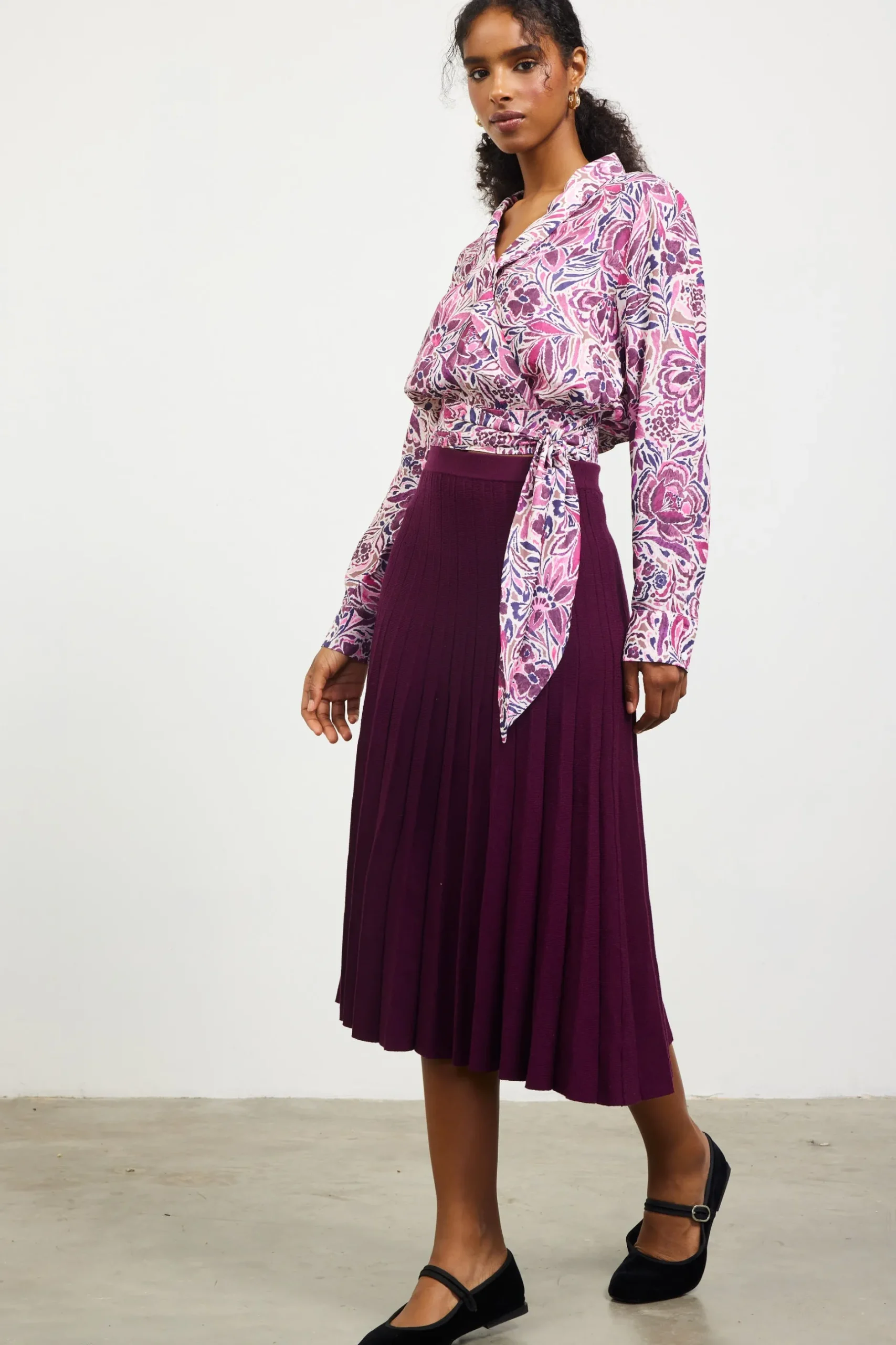 SKIES ARE BLUE Long Sleeve Tops*Floral Print Waist Self Tie Top Plum-multi