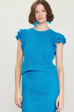 SKIES ARE BLUE Short Sleeve Tops|Sweaters*Flutter Sleeve Crochet Sweater Turquoise